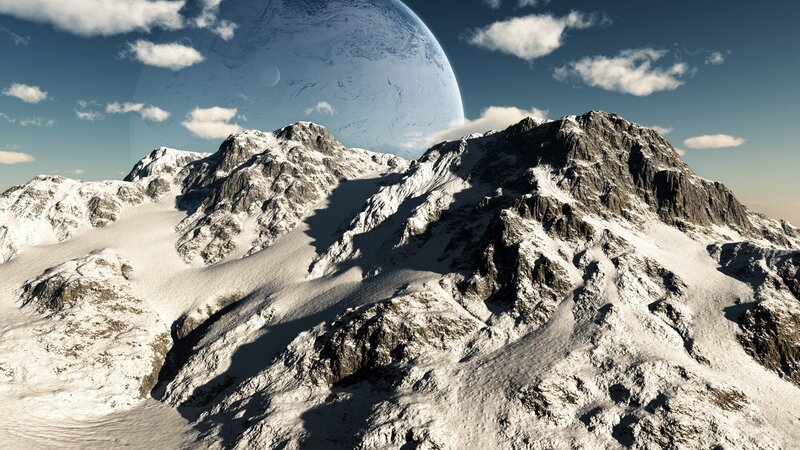 Snowy mountains under alien planet
