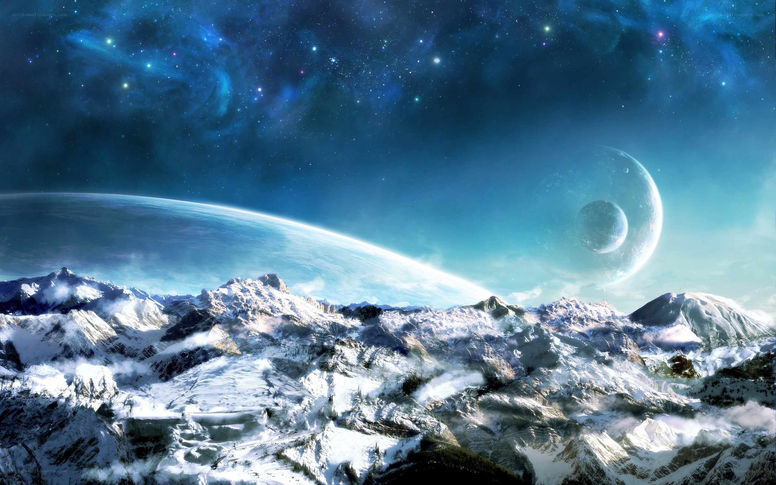 Snowy mountains under alien sky