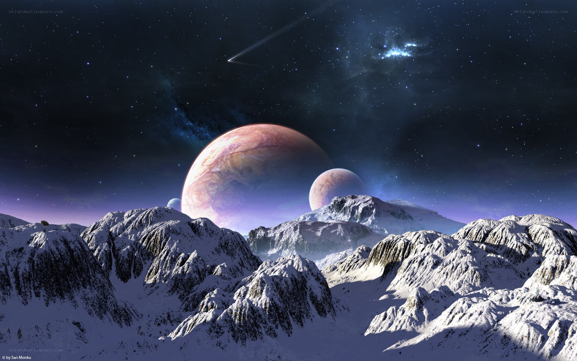 Snowy mountains under alien sky