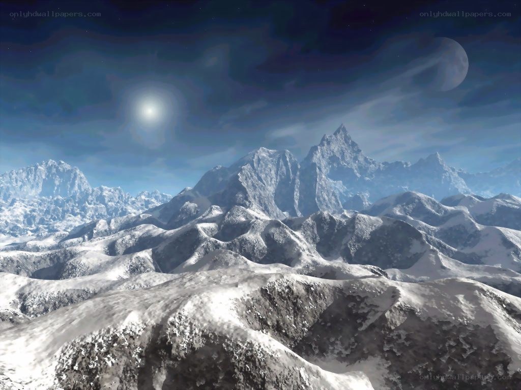 snowy mountains under alien sky