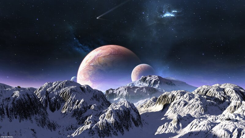 Snowy Mountains under Alien Sky — Purple, Dramatic, Night, Digital Art