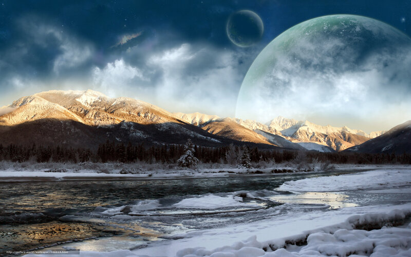 Snowy mountains under alien sky