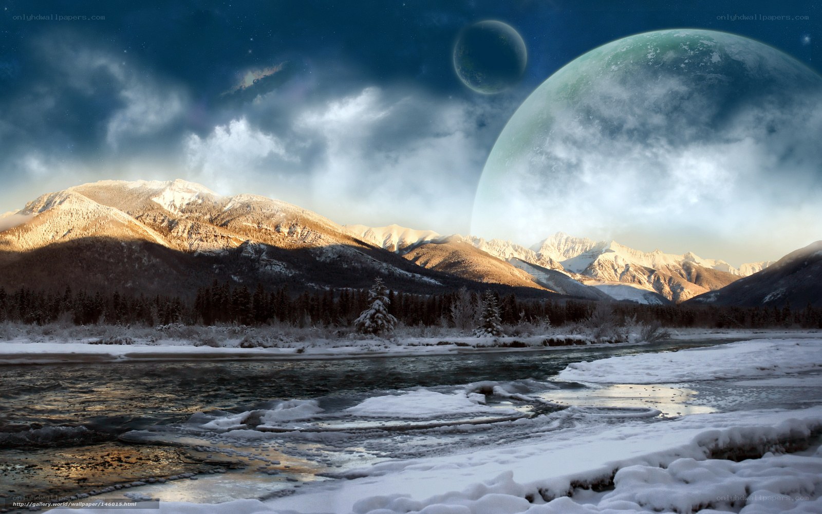Snowy mountains under alien sky