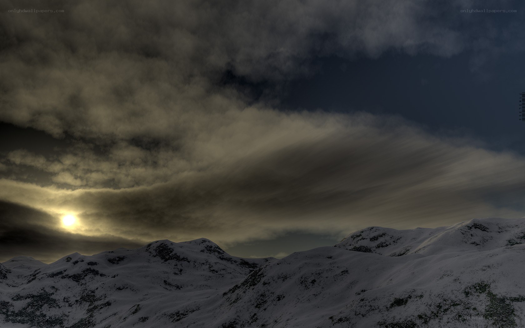 Snowy mountains under cloudy sky