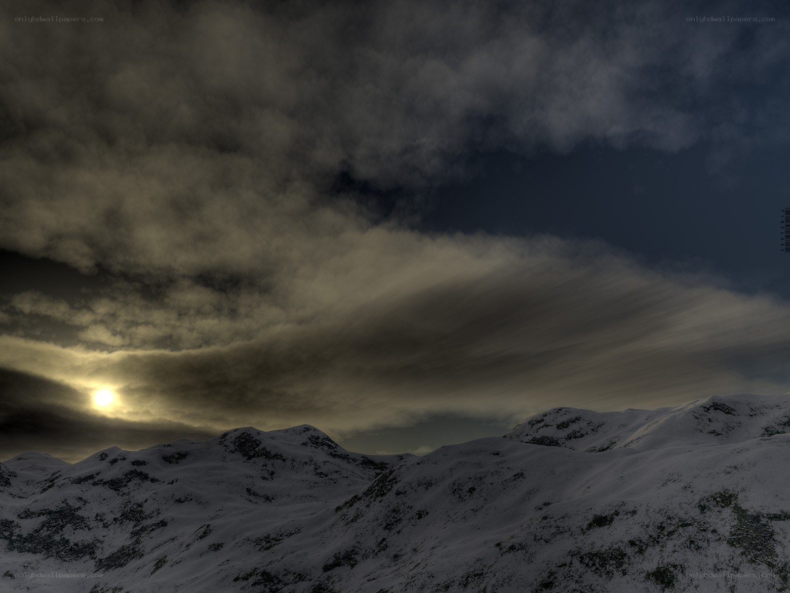 Snowy mountains under cloudy sky