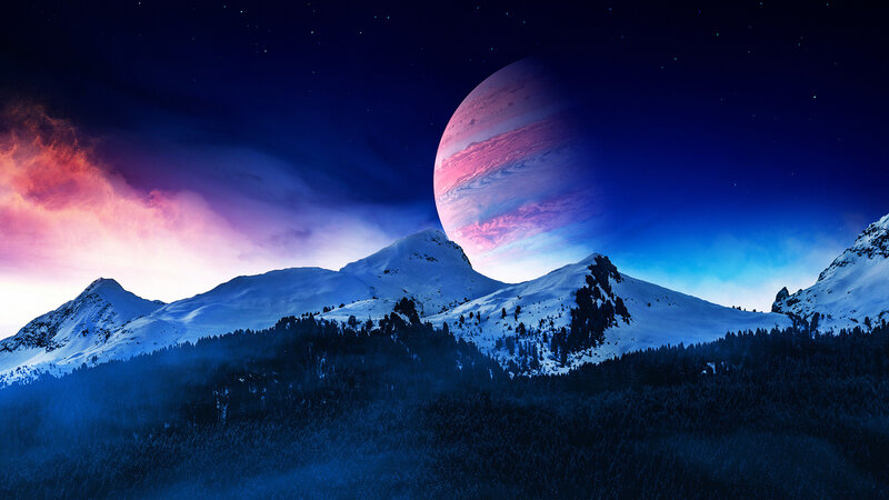 Snowy Mountains under Planet — Blue