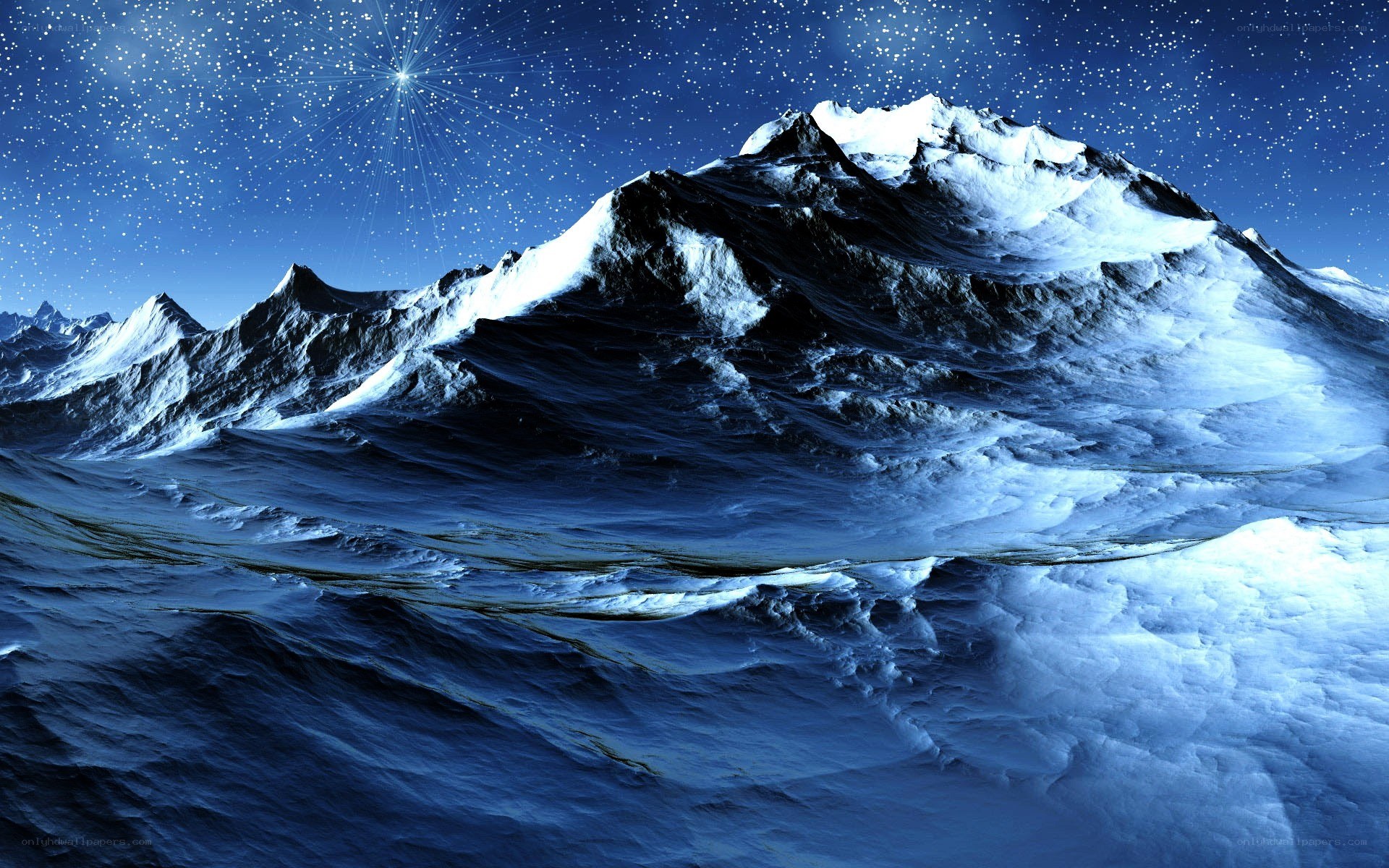 Snowy mountains under starry sky