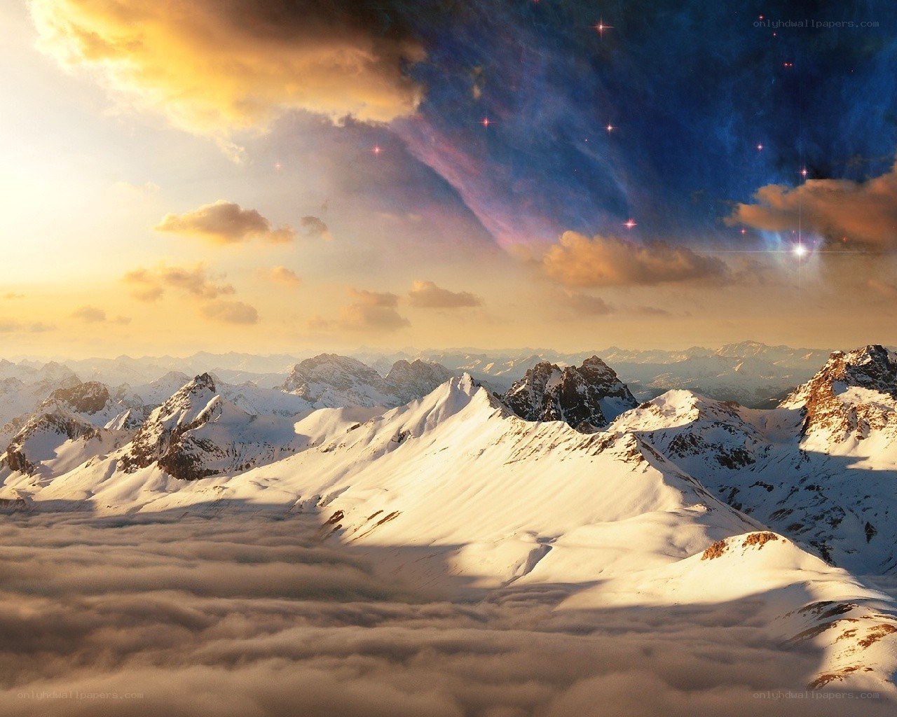 Snowy mountains under starry sky