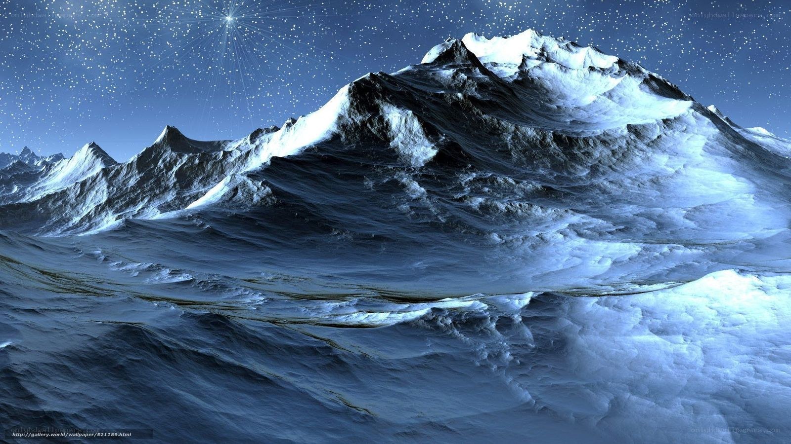 snowy mountains under starry sky