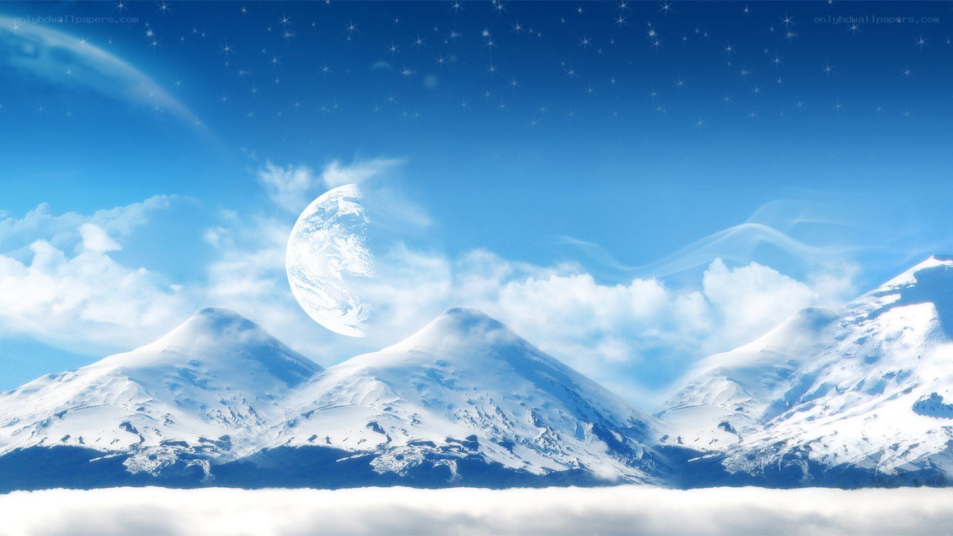 Snowy mountains under starry sky