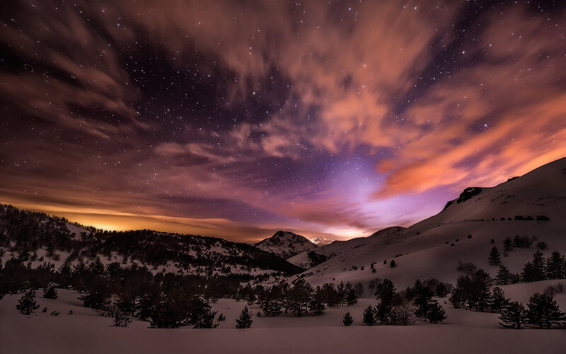 Snowy Mountains under Stars — Purple, Dramatic