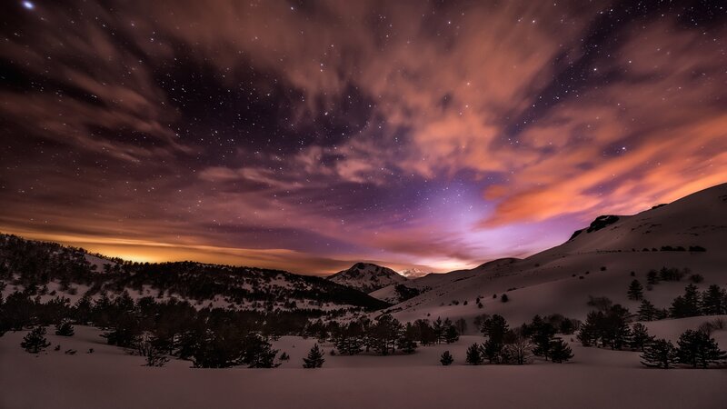 Snowy Mountains under Stars — Purple