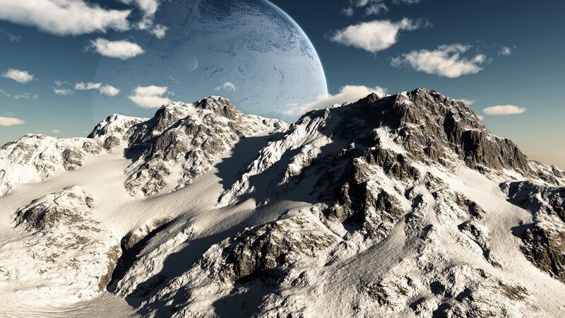 Snowy mountains with alien planet