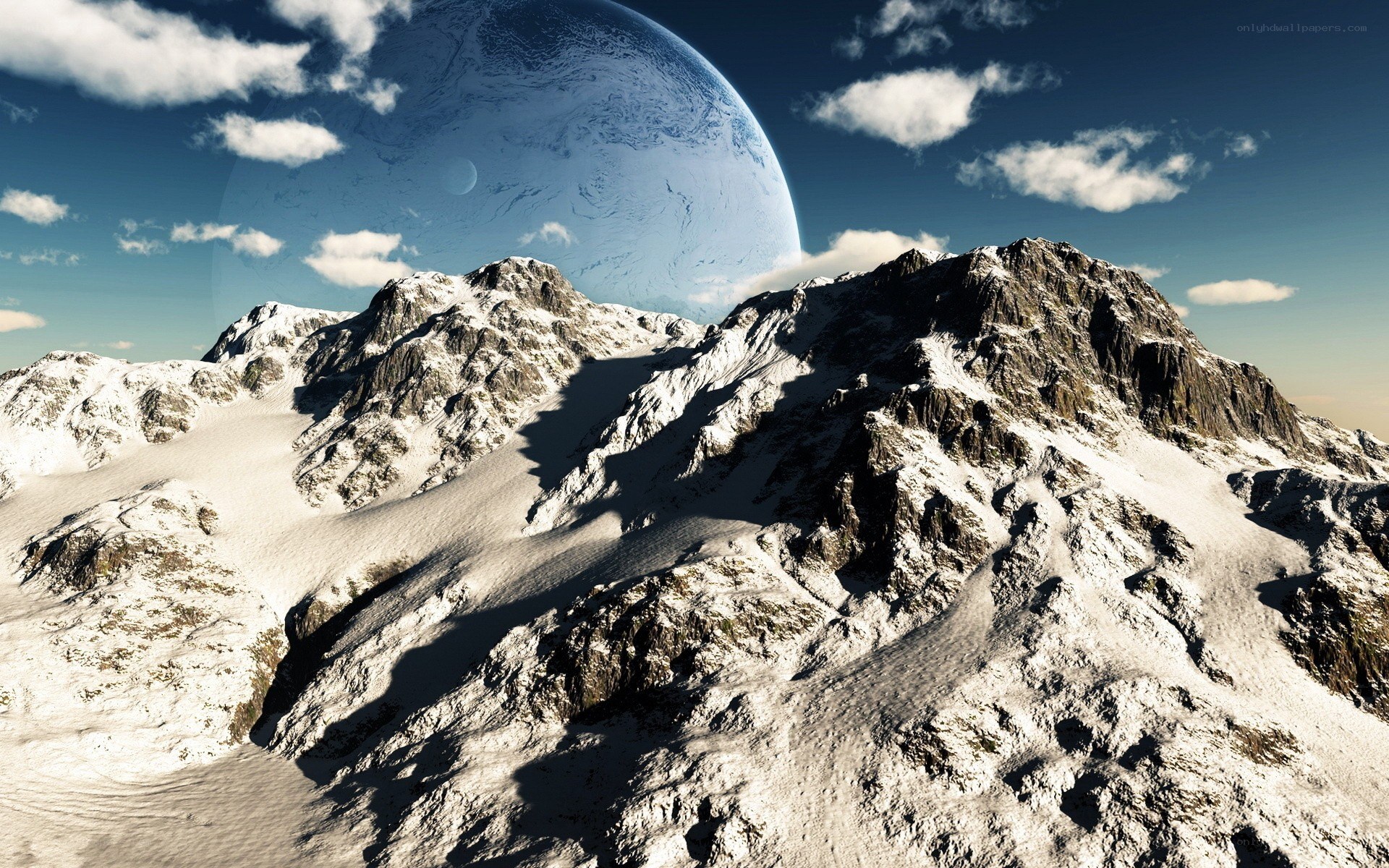 Snowy mountains with alien planet