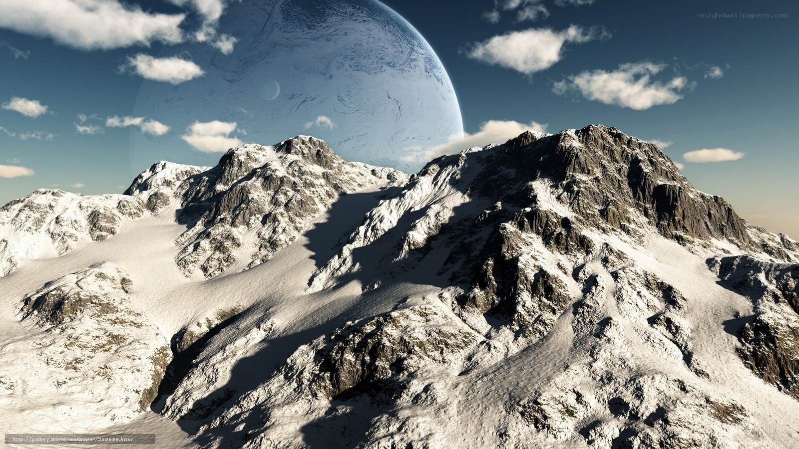 Snowy mountains with alien planet