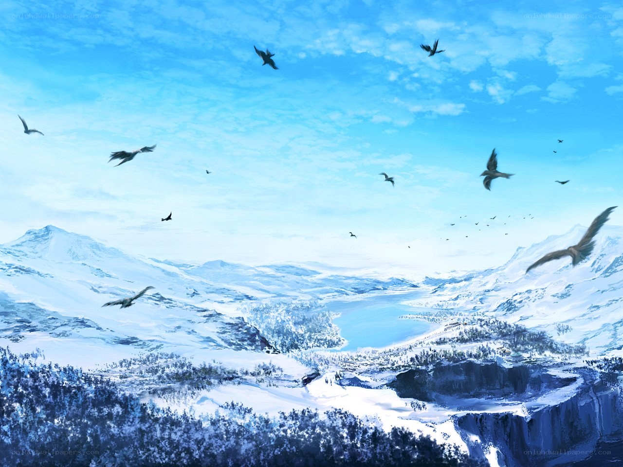 Snowy mountains with flying birds