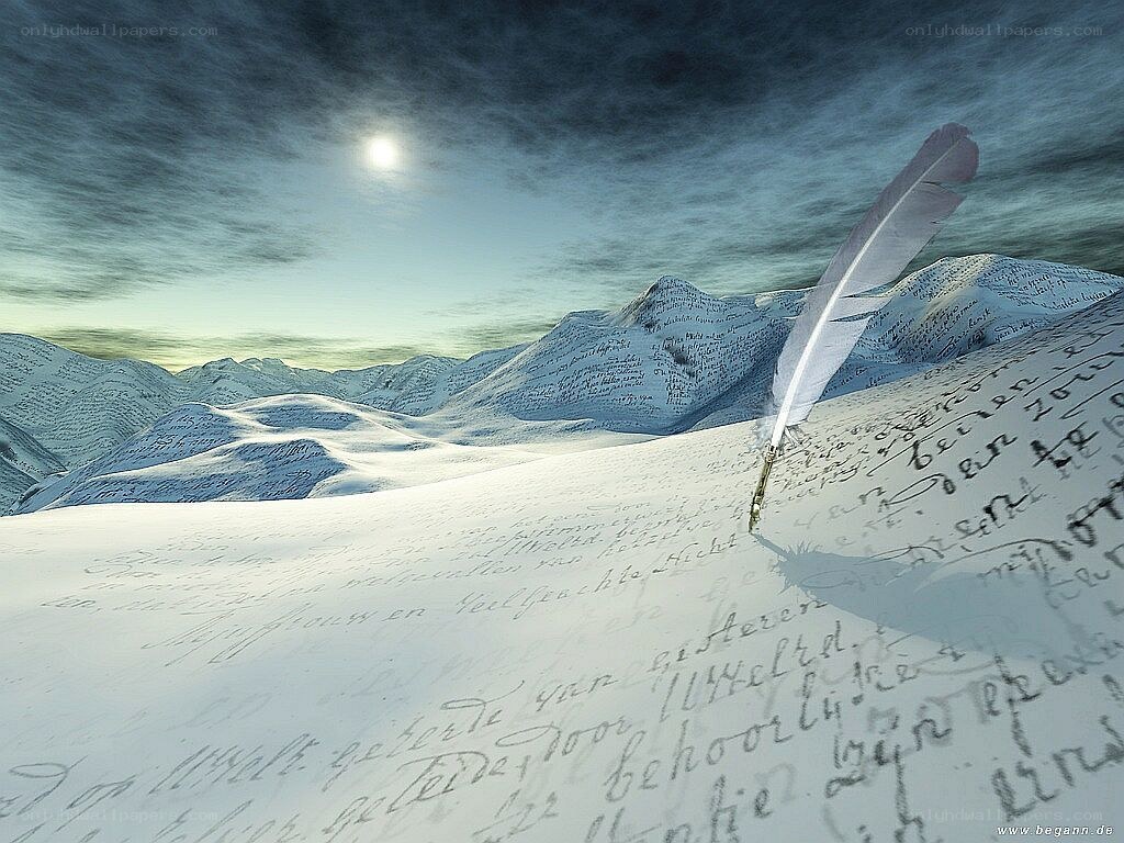 Snowy mountains with handwritten text