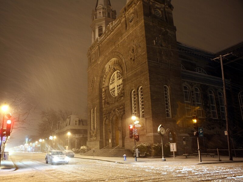 Snowy night at a church