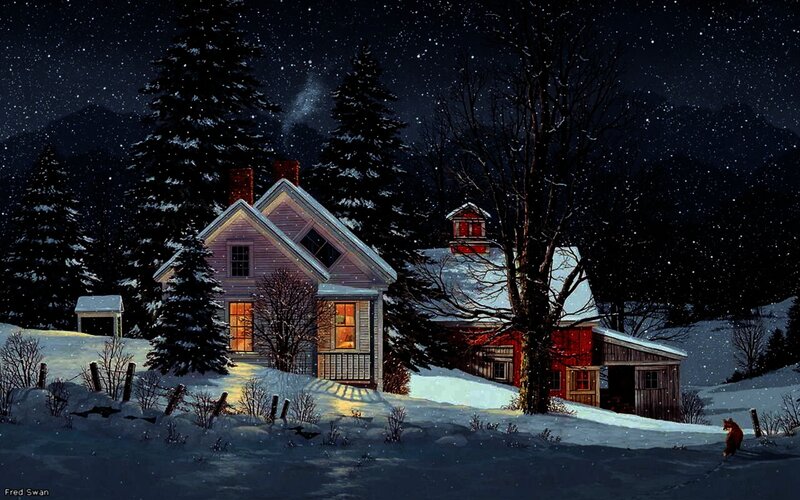 Snowy Night at a Farmhouse