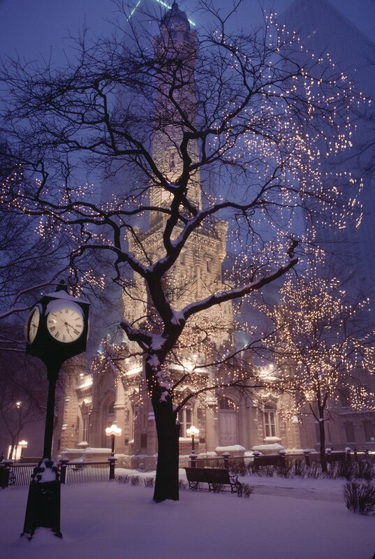 Snowy night at a historic building