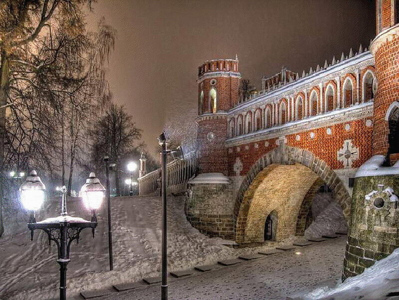 Snowy night at a historic fortress