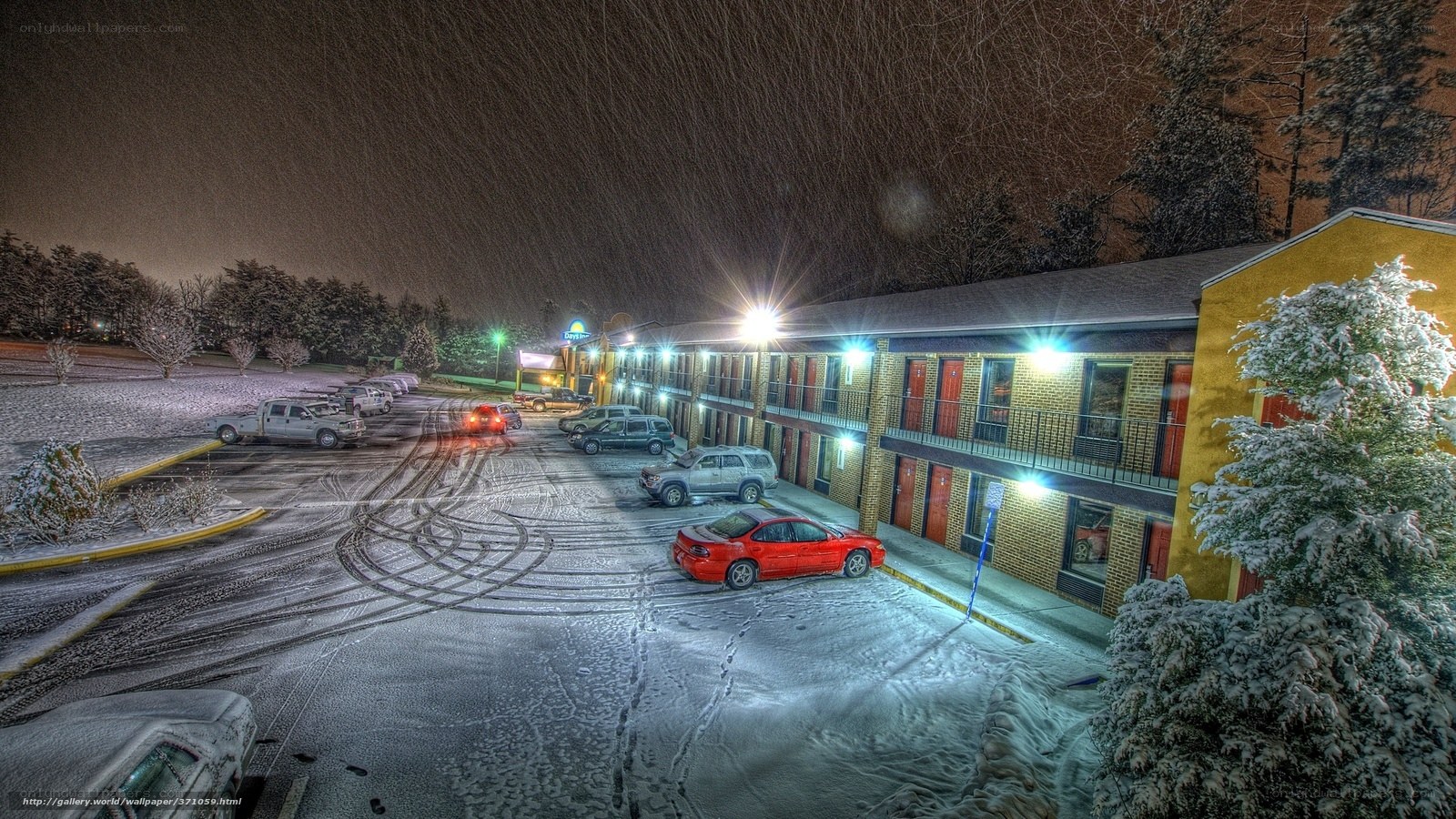 Snowy night at a motel