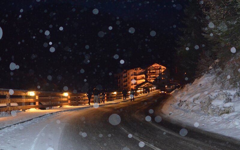 Snowy night at a mountain resort