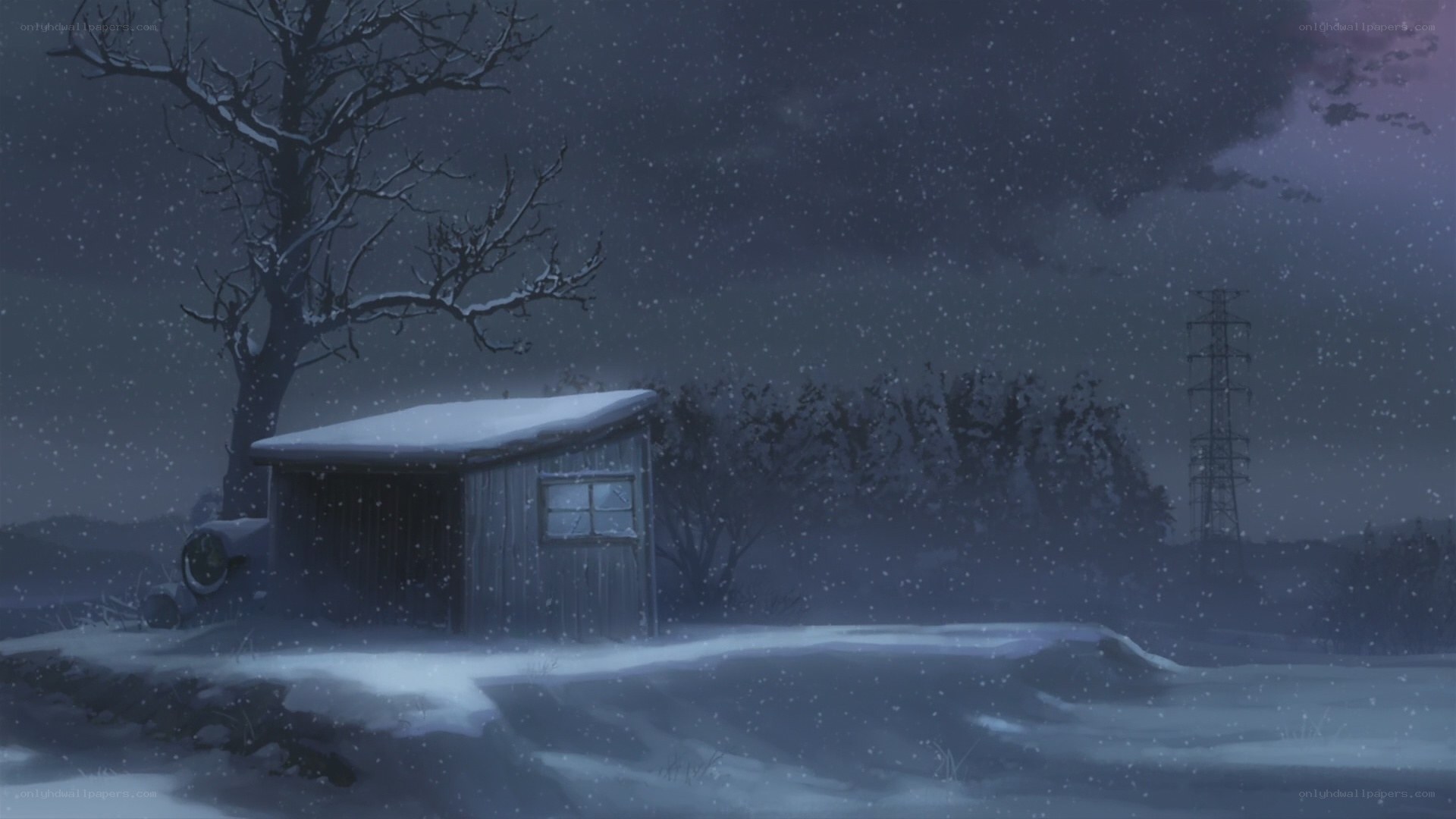 Snowy night at a shed