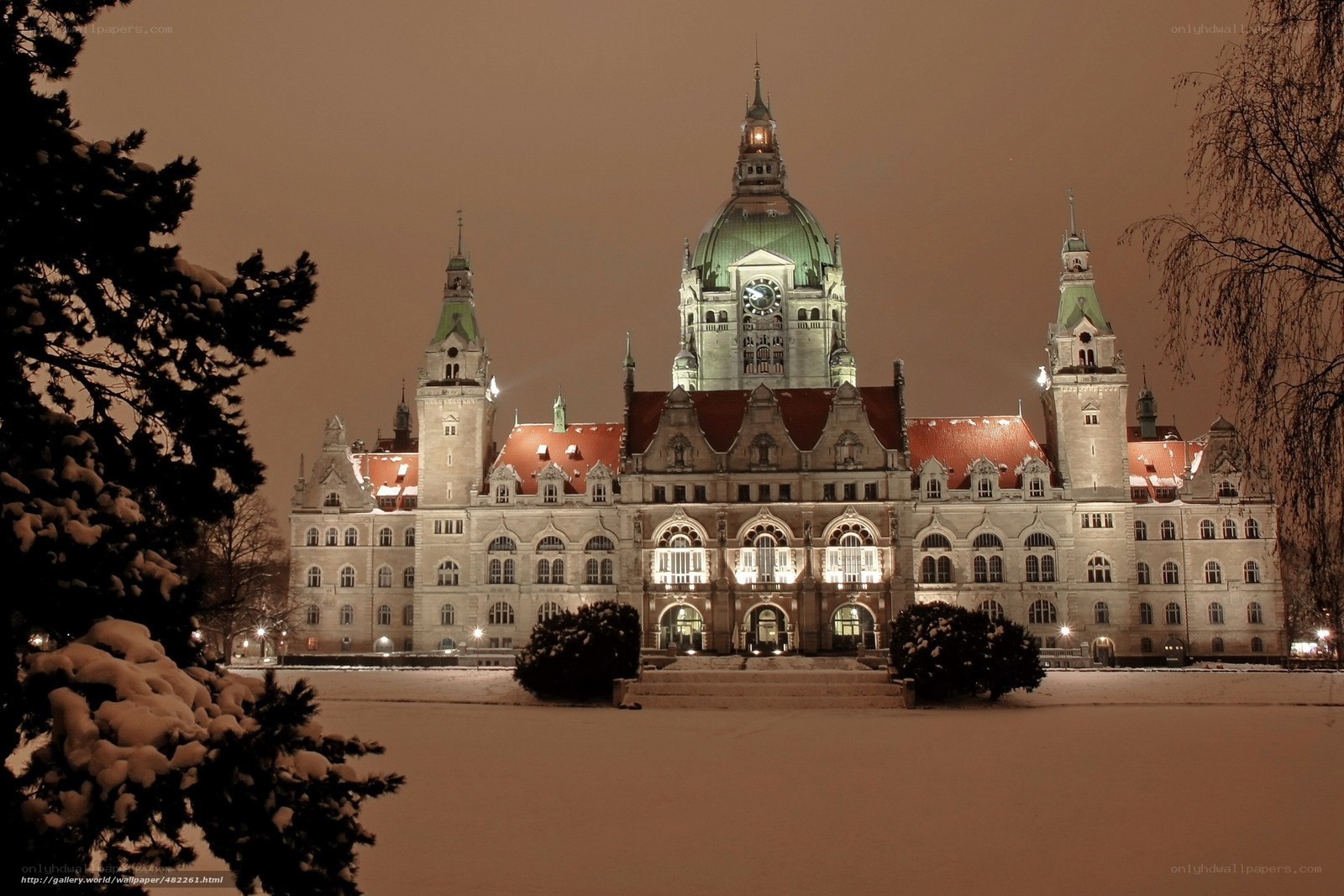 snowy night at city hall