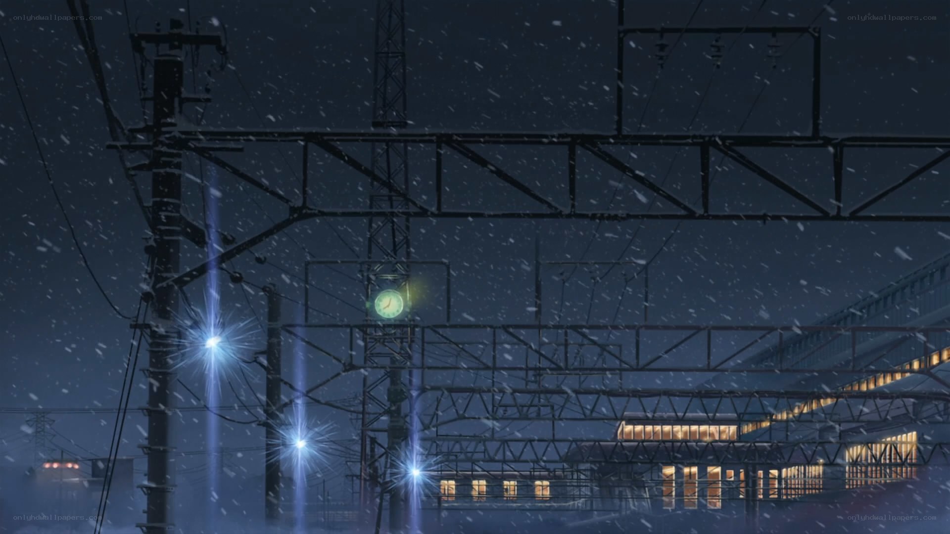 Snowy night at train station