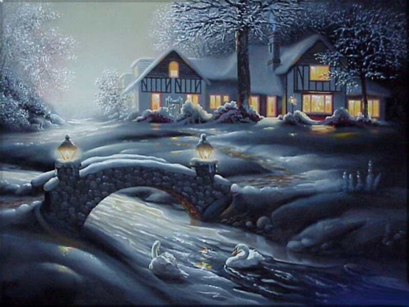 Snowy night by the river
