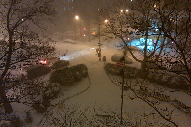 Snowy night in a city park