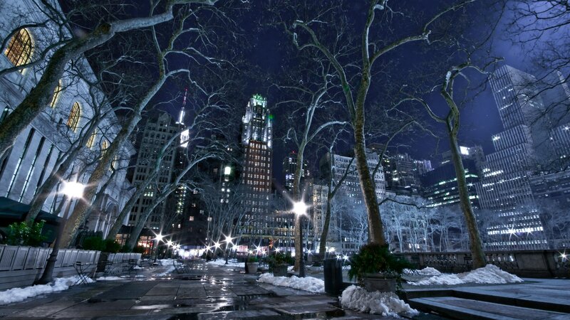 snowy night in a city park