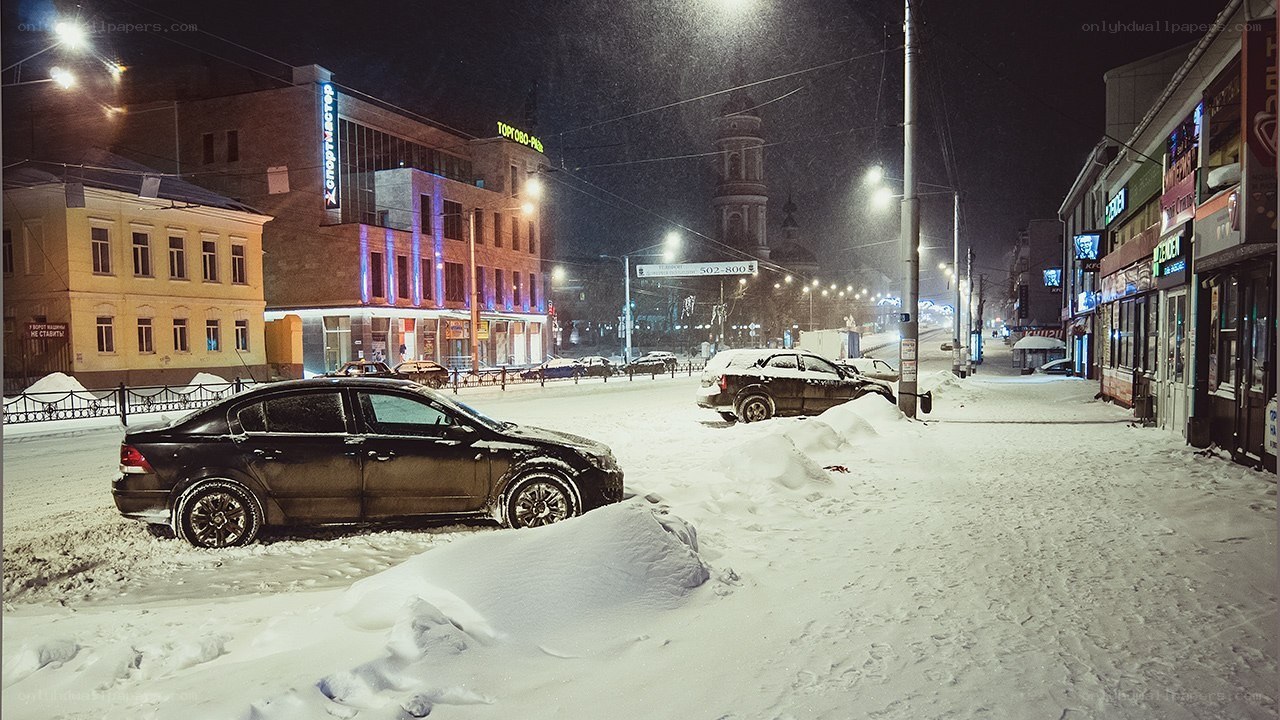 Snowy night in a city
