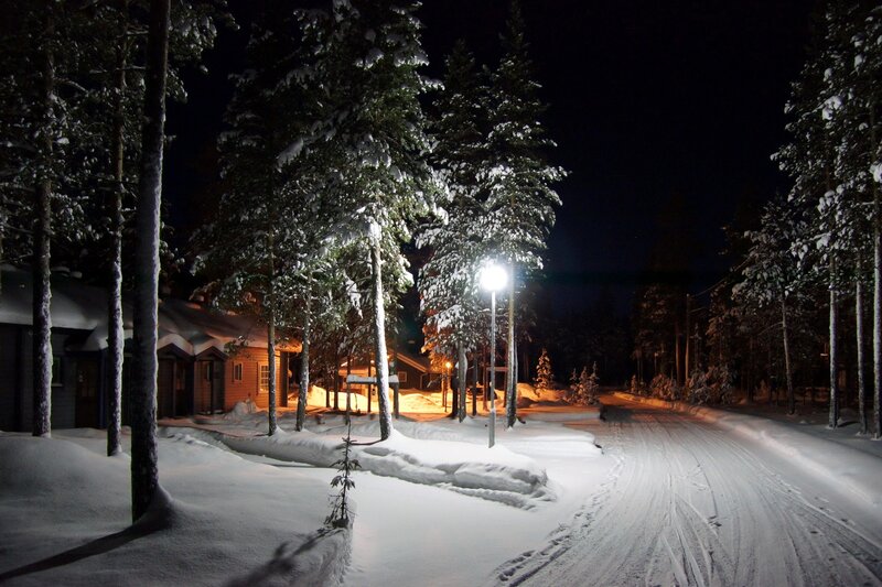 Snowy night in a forest village