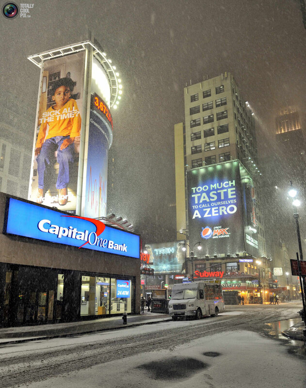 snowy night in times square