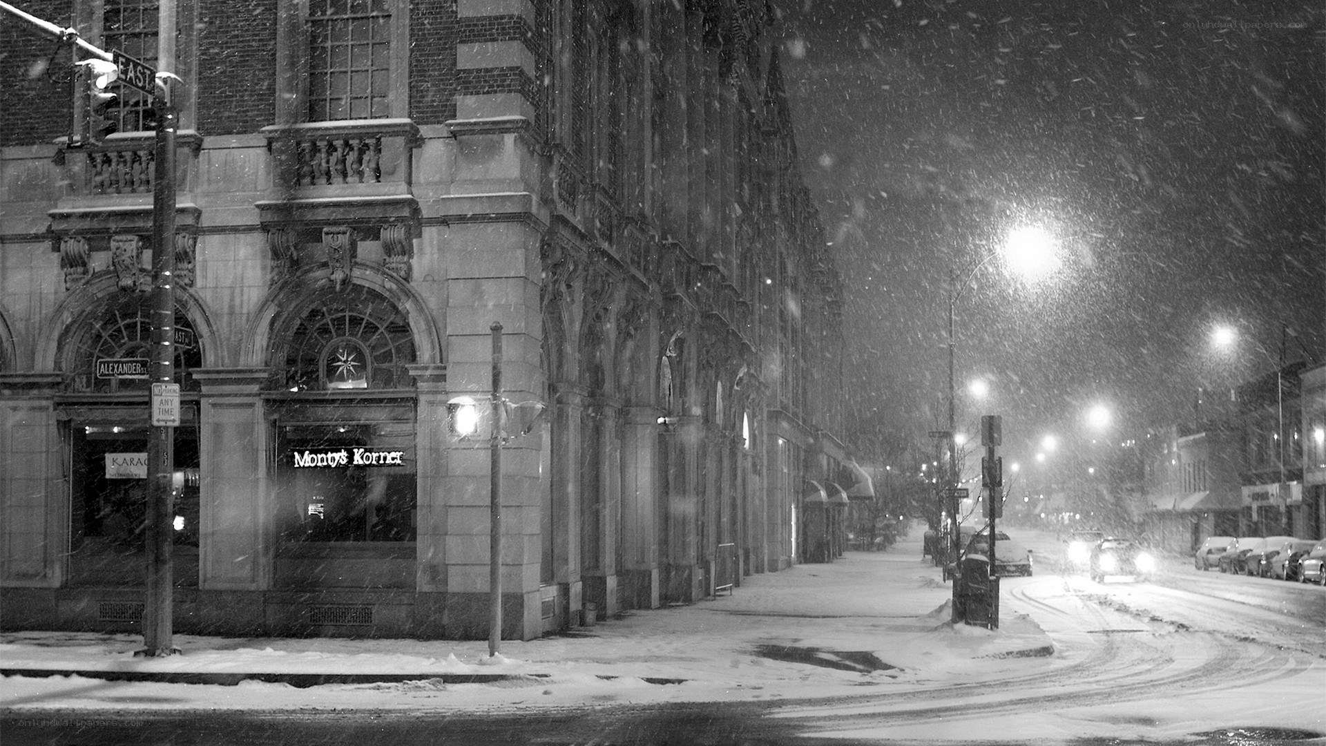 Snowy night on a city street