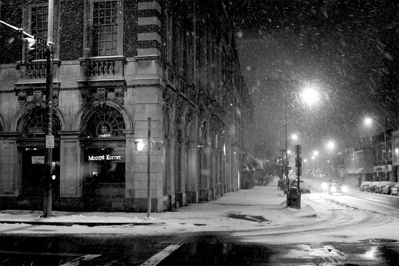 Snowy night on a city street