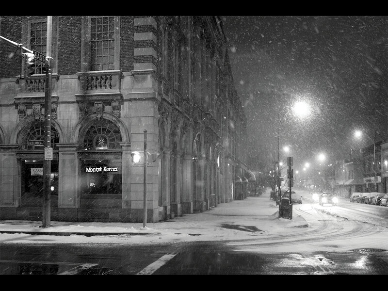 Snowy night on a city street