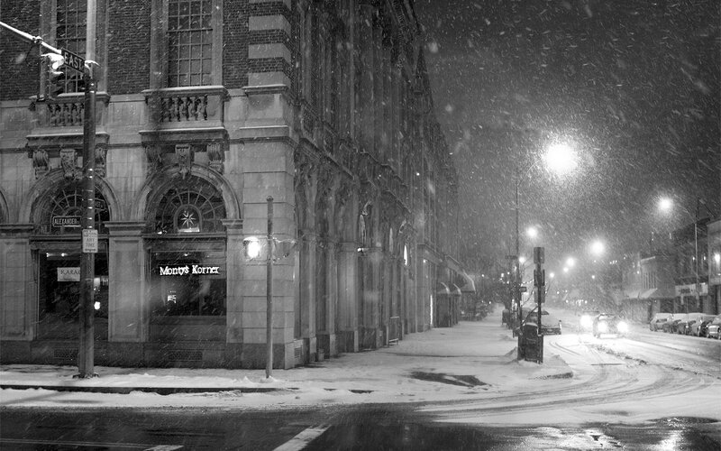 Snowy night on a city street