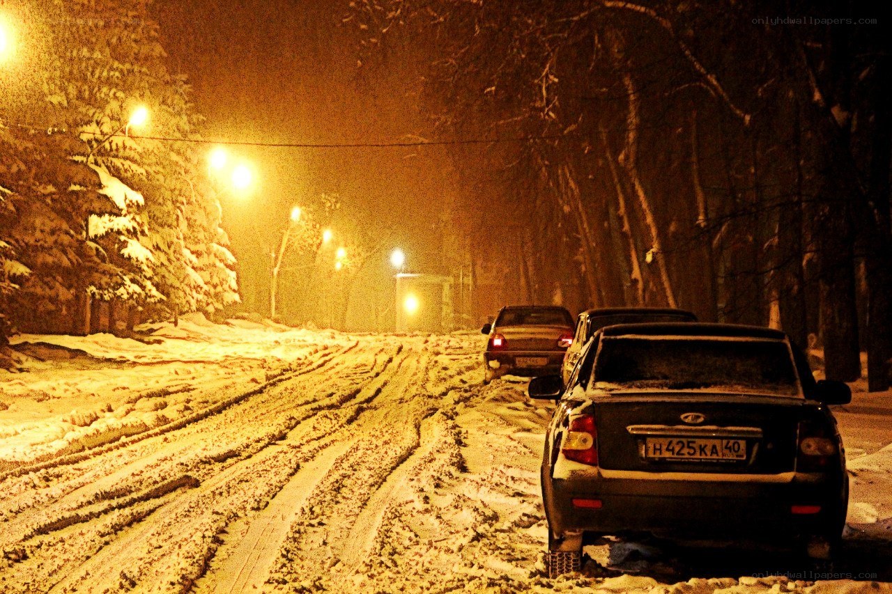 Snowy night on a forest road