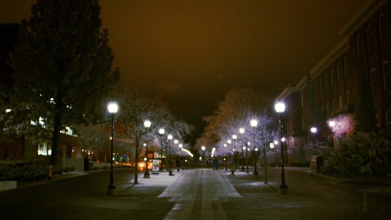 snowy night on campus