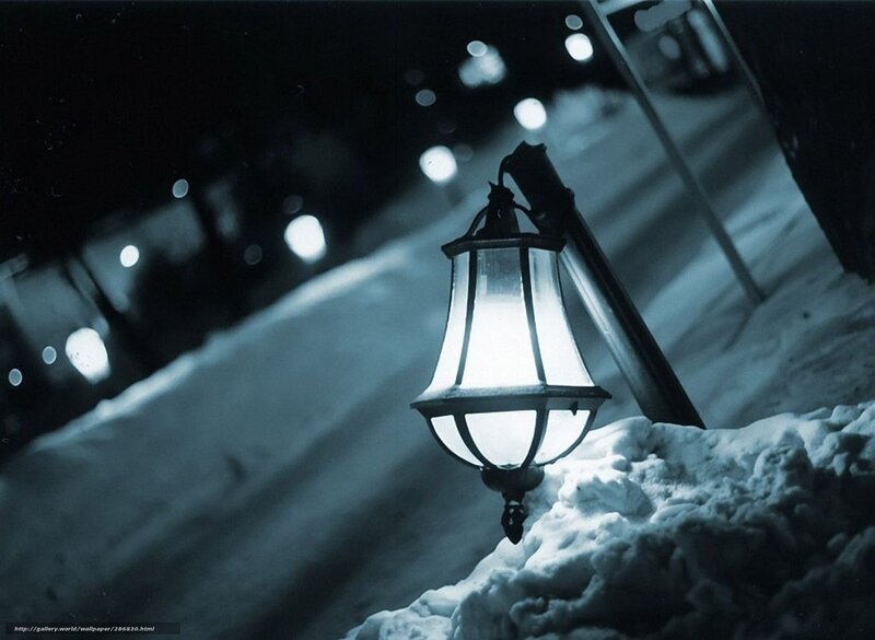 snowy night street lamp