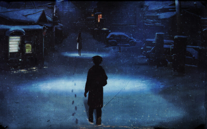 Snowy night street scene