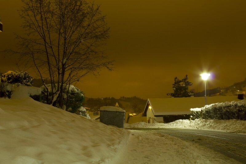 snowy night street scene