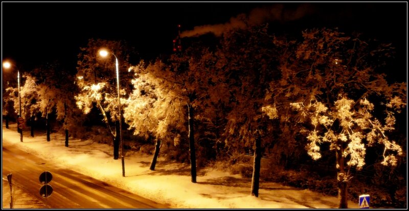 Snowy night street scene
