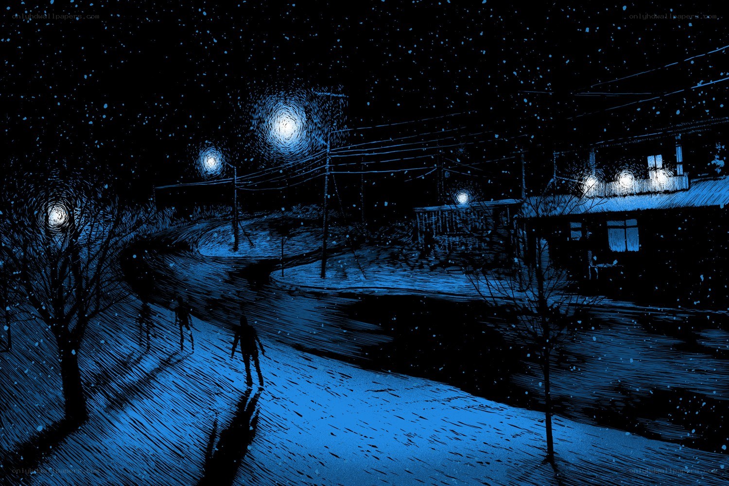 Snowy night street scene