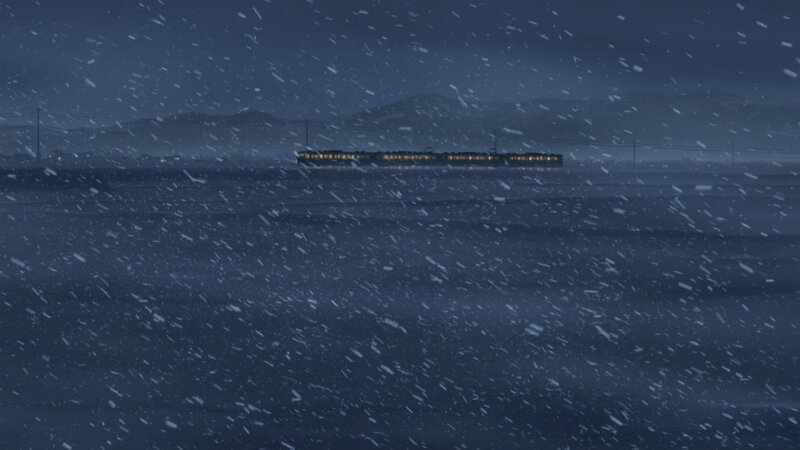 snowy night train journey