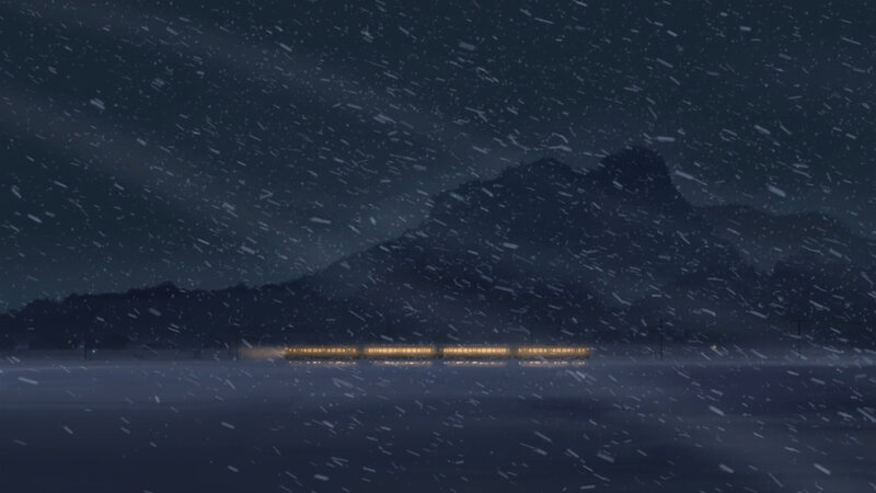 snowy night train journey