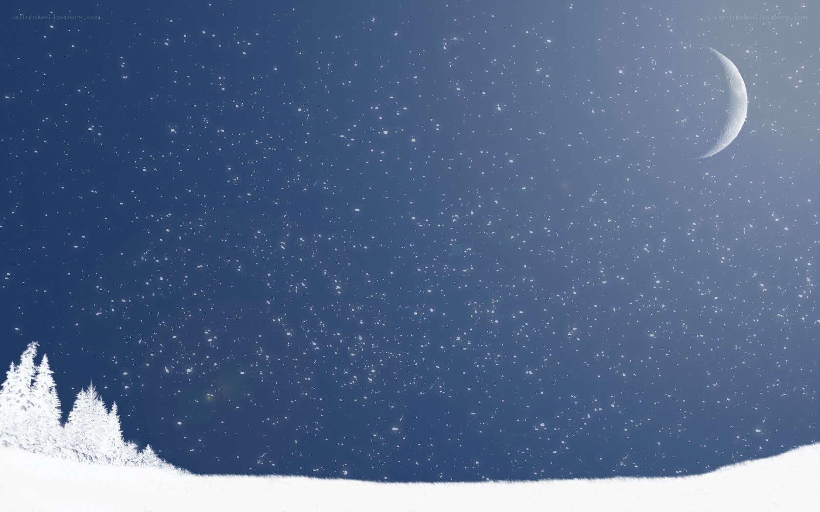 Snowy night with crescent moon
